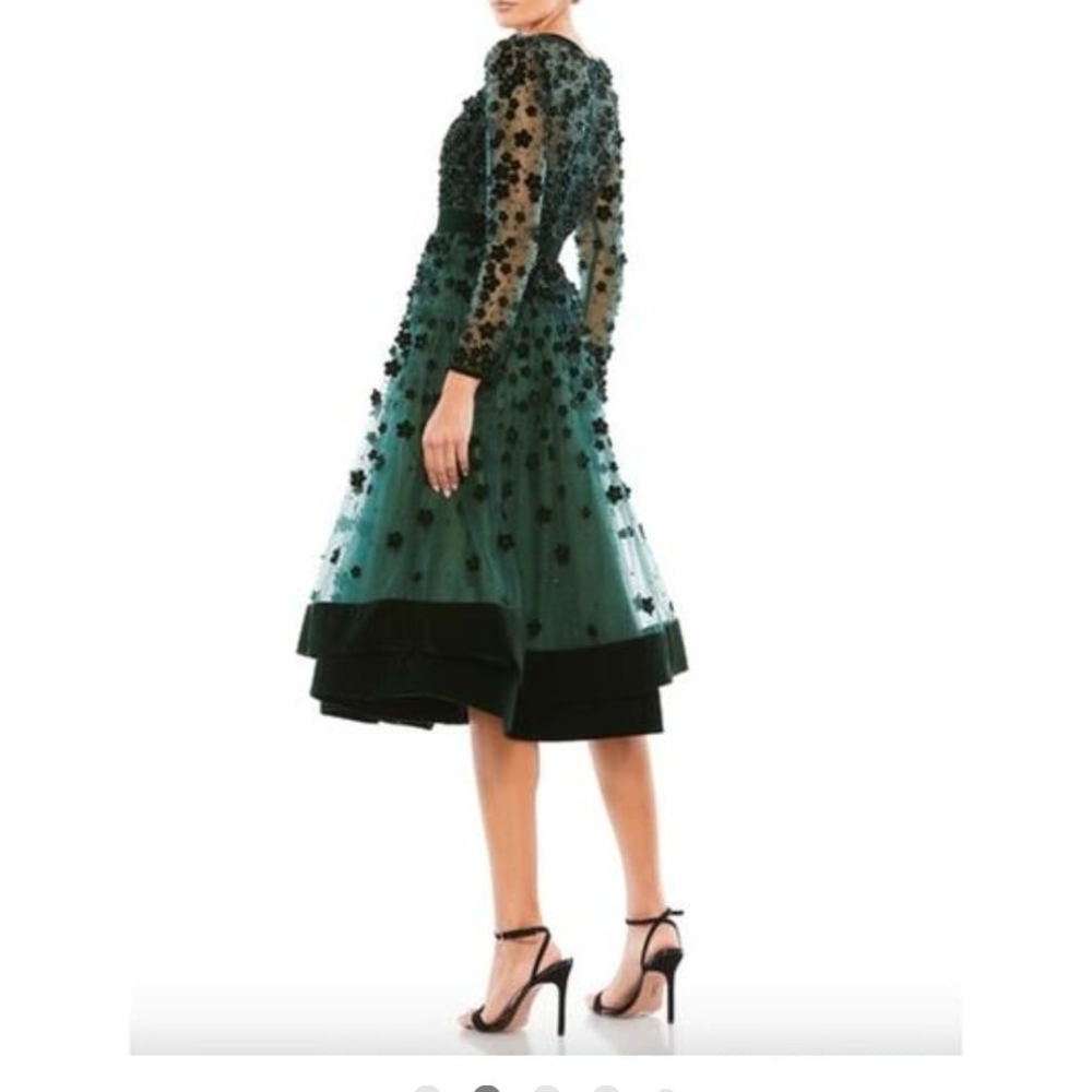 Mac Duggal Teal and Black Floral Long Sleeve Dress